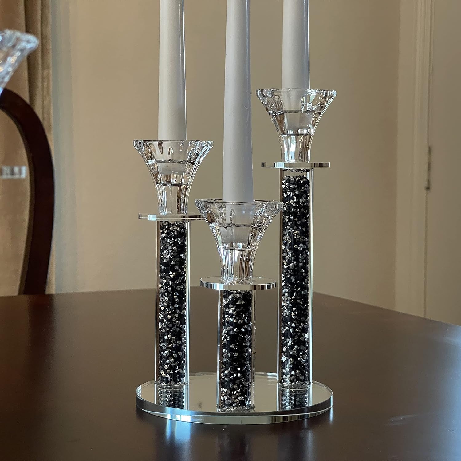 Elegant Crystal 3-Pillar Filled with Black Diamond like Stone Candlestick Holder