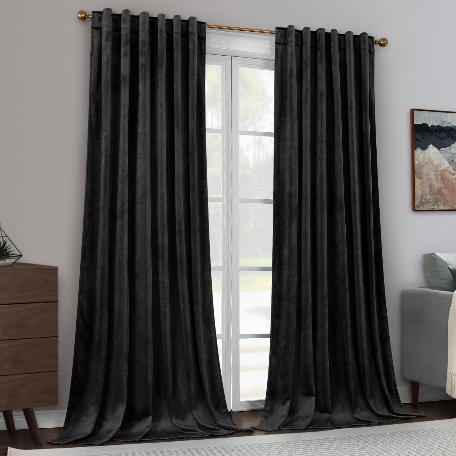 Black Velvet Blackout Curtains - 2 Panels 52 X 108 Inches