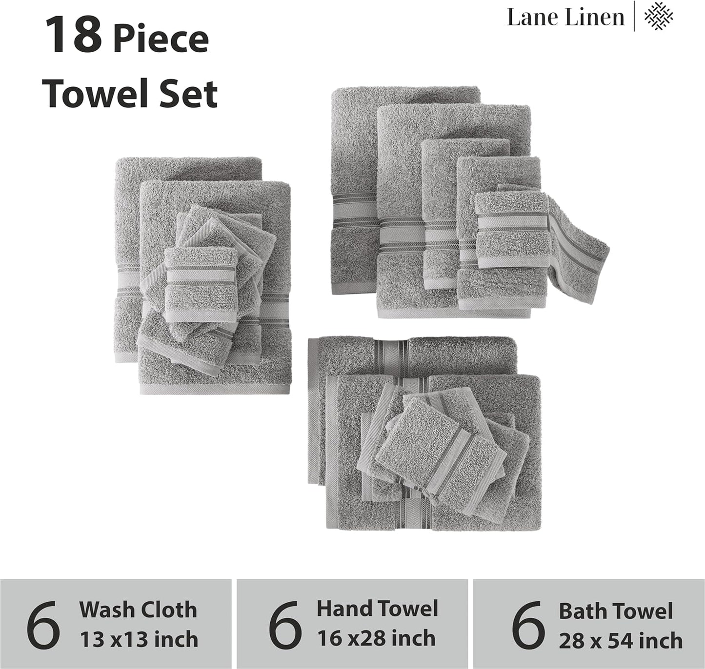 Bath Towels for Bathroom Set- 100% Cotton Towel Set, Soft Bath Set- 6 Bathroom Towels, 6 Hand Towels, 6 Wash Cloths, Quick Dry, Highly Absorbent Shower Towels - 18 Piece Set Grey