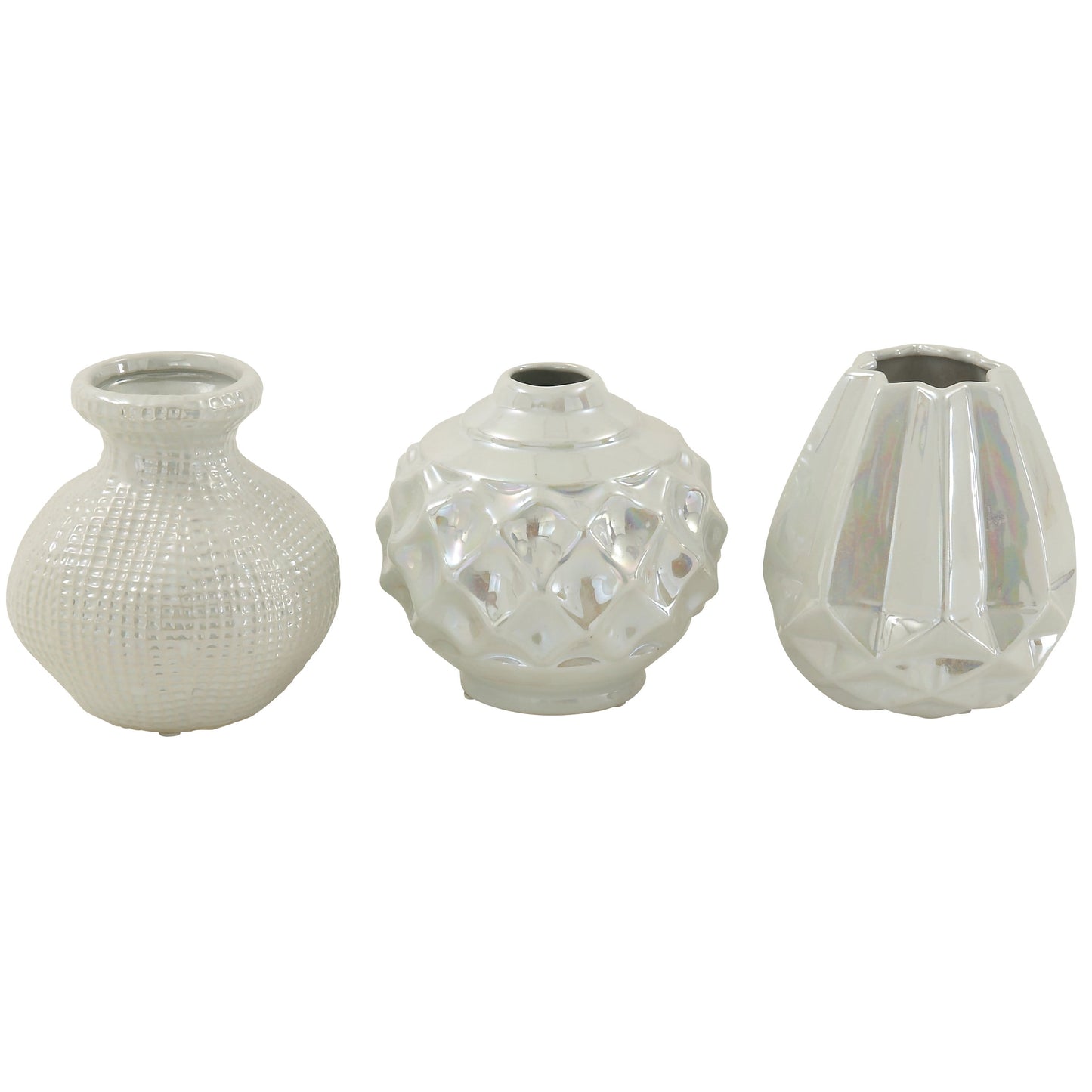 6"W, 6"H Cream Ceramic Vase with Varying Patterns, Set of 3