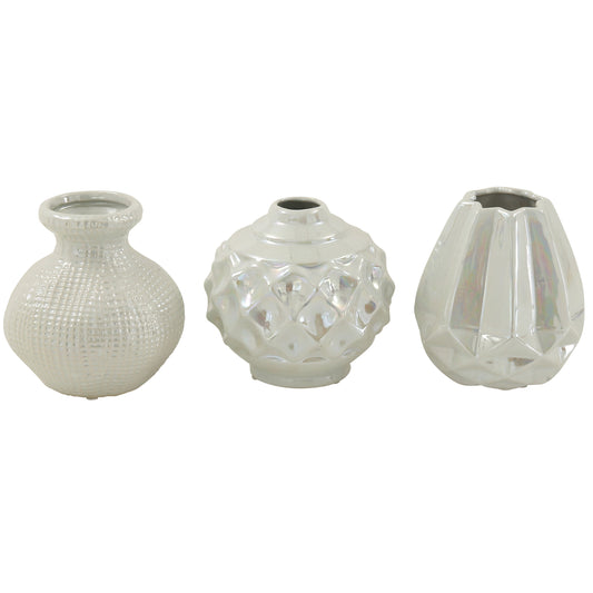 6"W, 6"H Cream Ceramic Vase with Varying Patterns, Set of 3