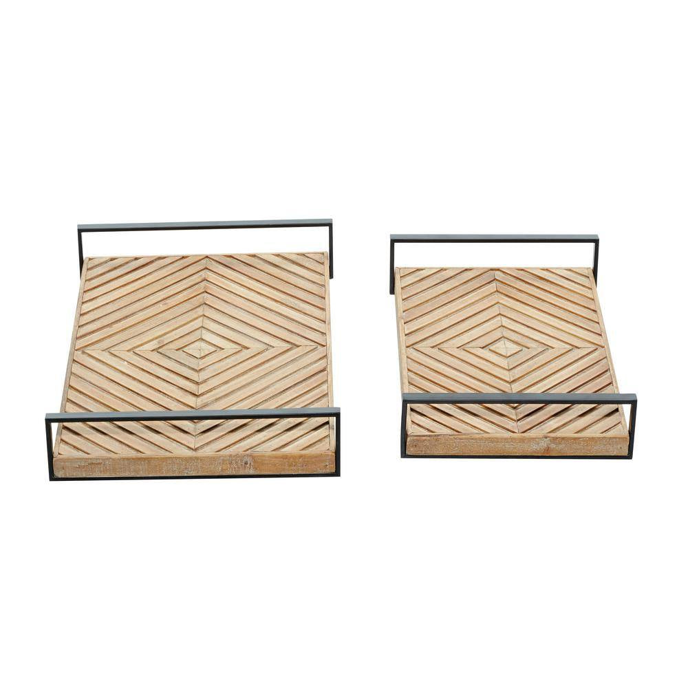 Wood Diamond Pattern Decorative Tray with Black Handles -  (Set of 2)