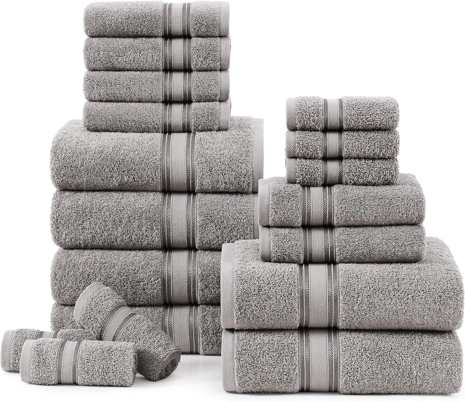 Bath Towels for Bathroom Set- 100% Cotton Towel Set, Soft Bath Set- 6 Bathroom Towels, 6 Hand Towels, 6 Wash Cloths, Quick Dry, Highly Absorbent Shower Towels - 18 Piece Set Grey