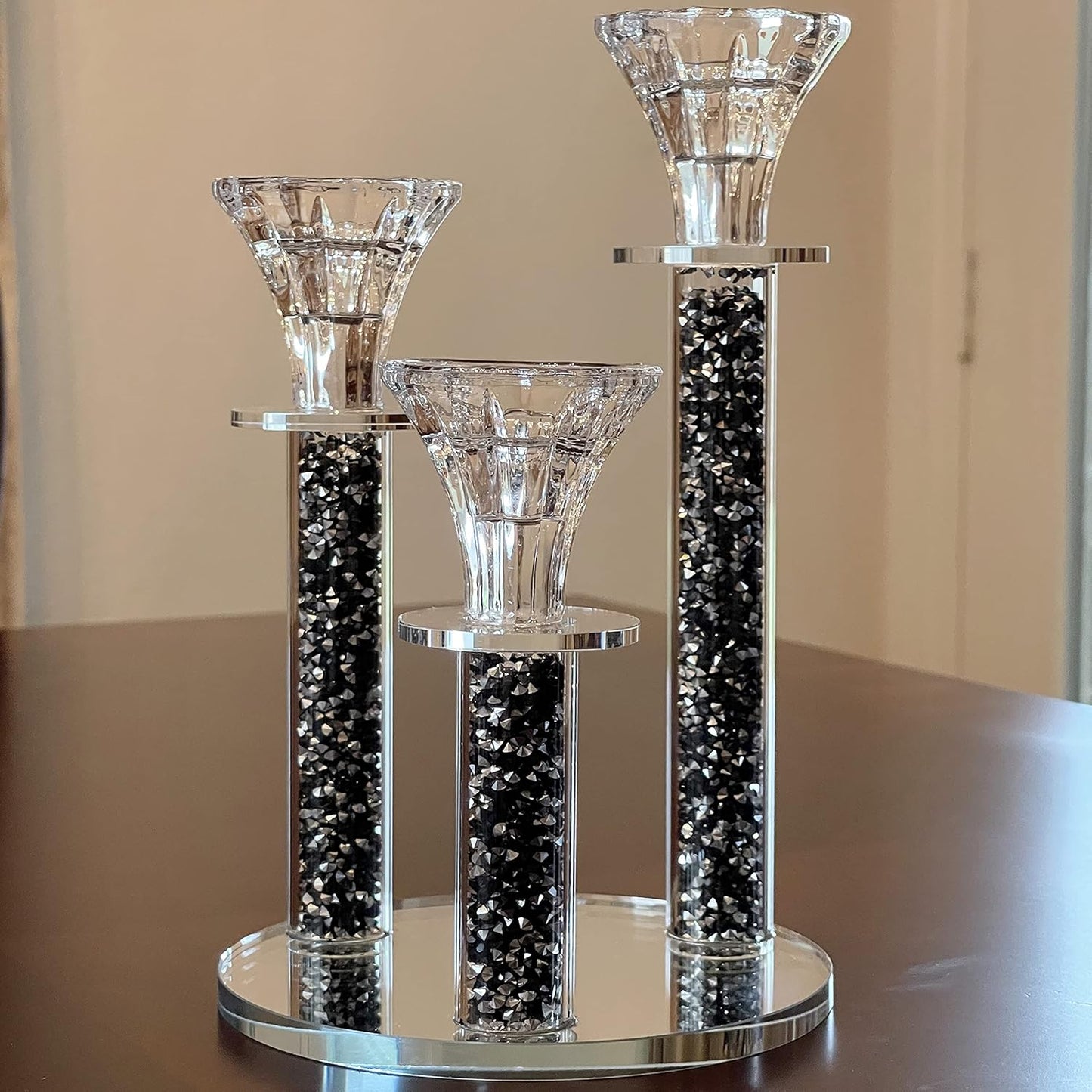 Elegant Crystal 3-Pillar Filled with Black Diamond like Stone Candlestick Holder