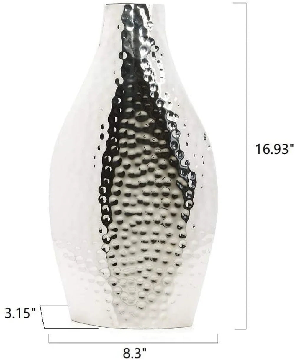 Contemporary Hammered Silver Metal Vase 17”