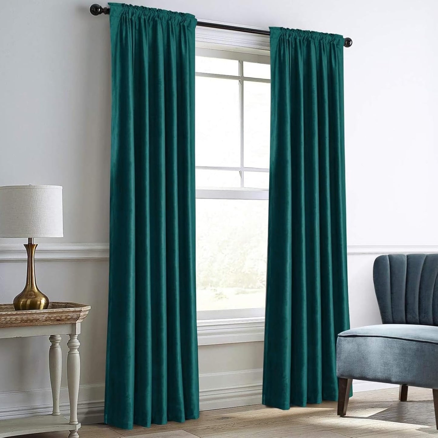 Teal Green Velvet Curtains for Living Room Thermal Insulated Rod Pocket Back Tab Window Curtain for Bedroom 2 Panels 52" W X 108" L
