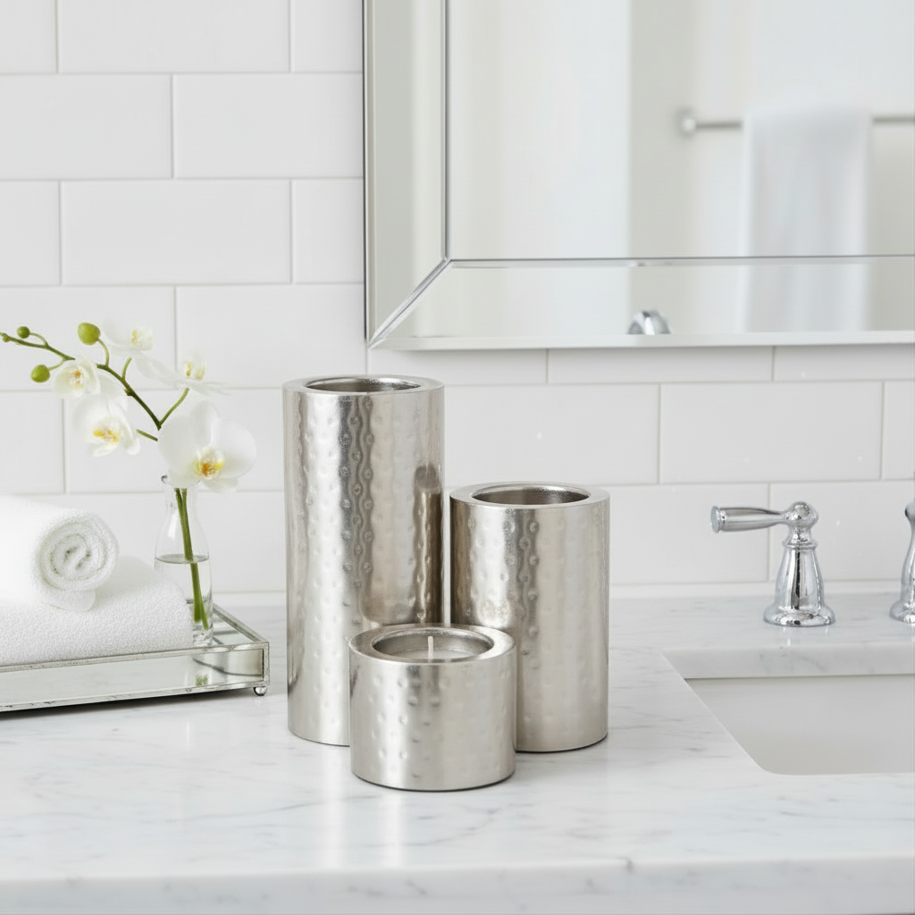 Silver Metal Pillar Candle Holder - Set of 3