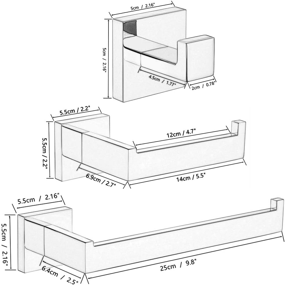 Brushed Stainless Steel Bathroom 3-Piece Set -Includes Toilet Paper Holder, Robe Hook, Towel Ring