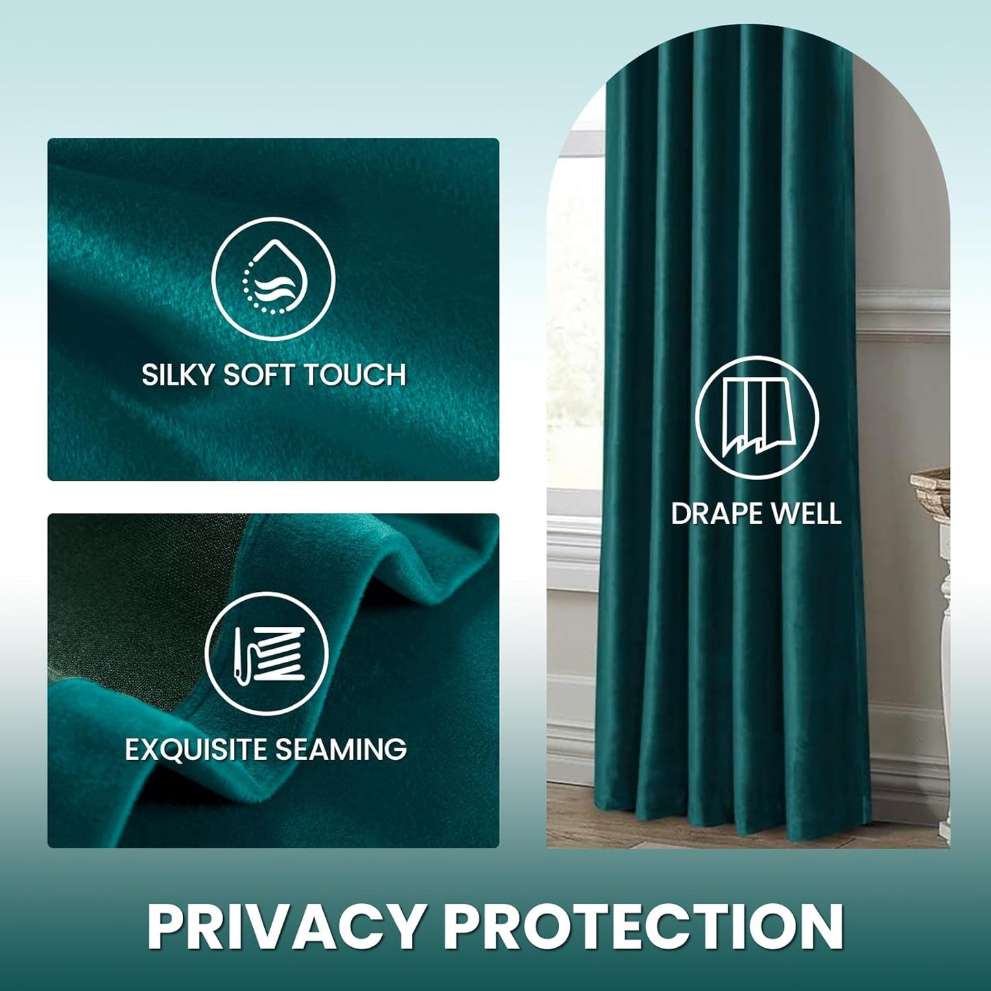 Teal Green Velvet Curtains for Living Room Thermal Insulated Rod Pocket Back Tab Window Curtain for Bedroom 2 Panels 52" W X 108" L