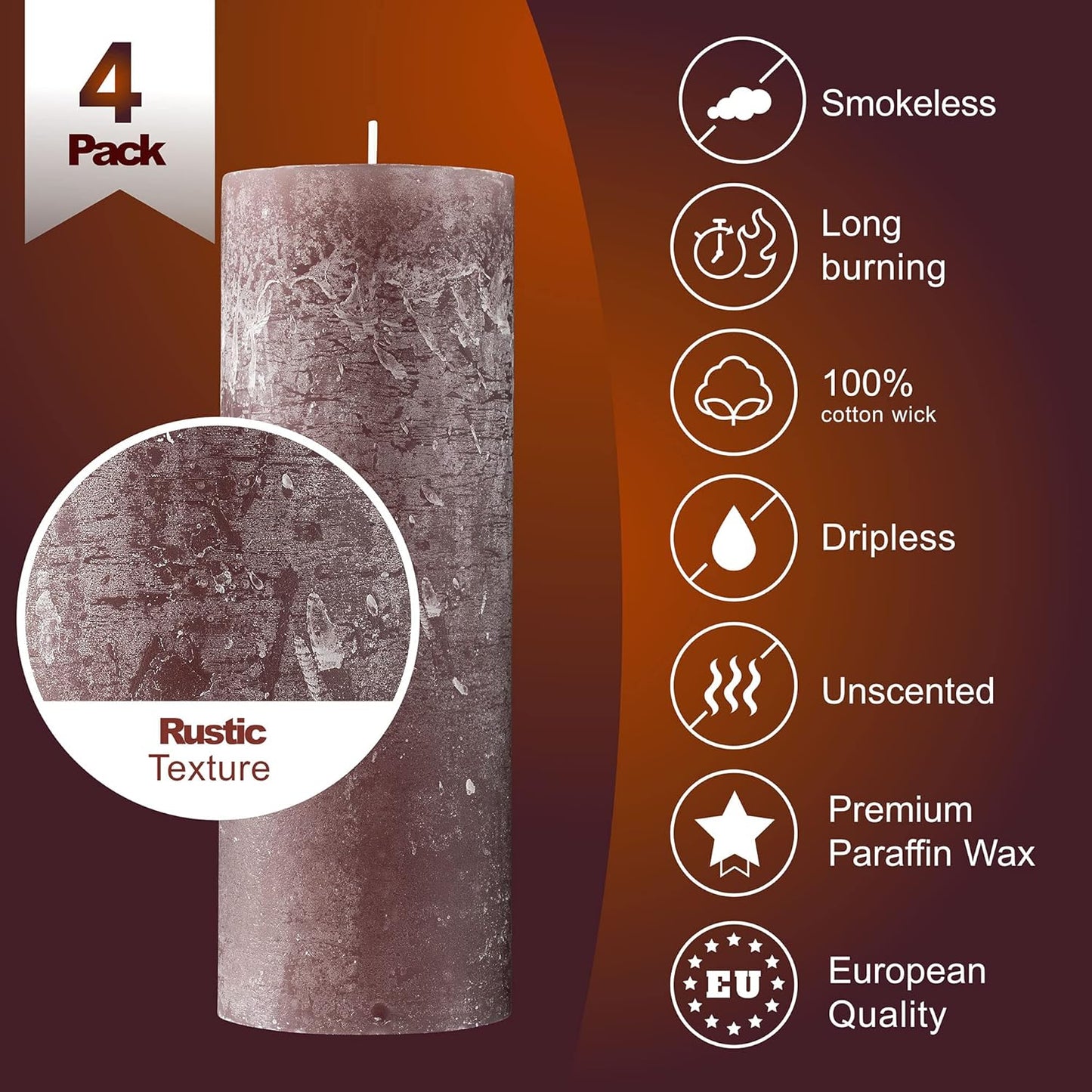  Rustic Taupe Pillar Candles - Set of 4 