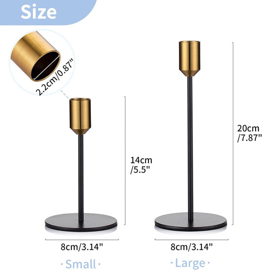 Elegant Brushed Metal Gold & Black Candlestick Holders - Set of 6