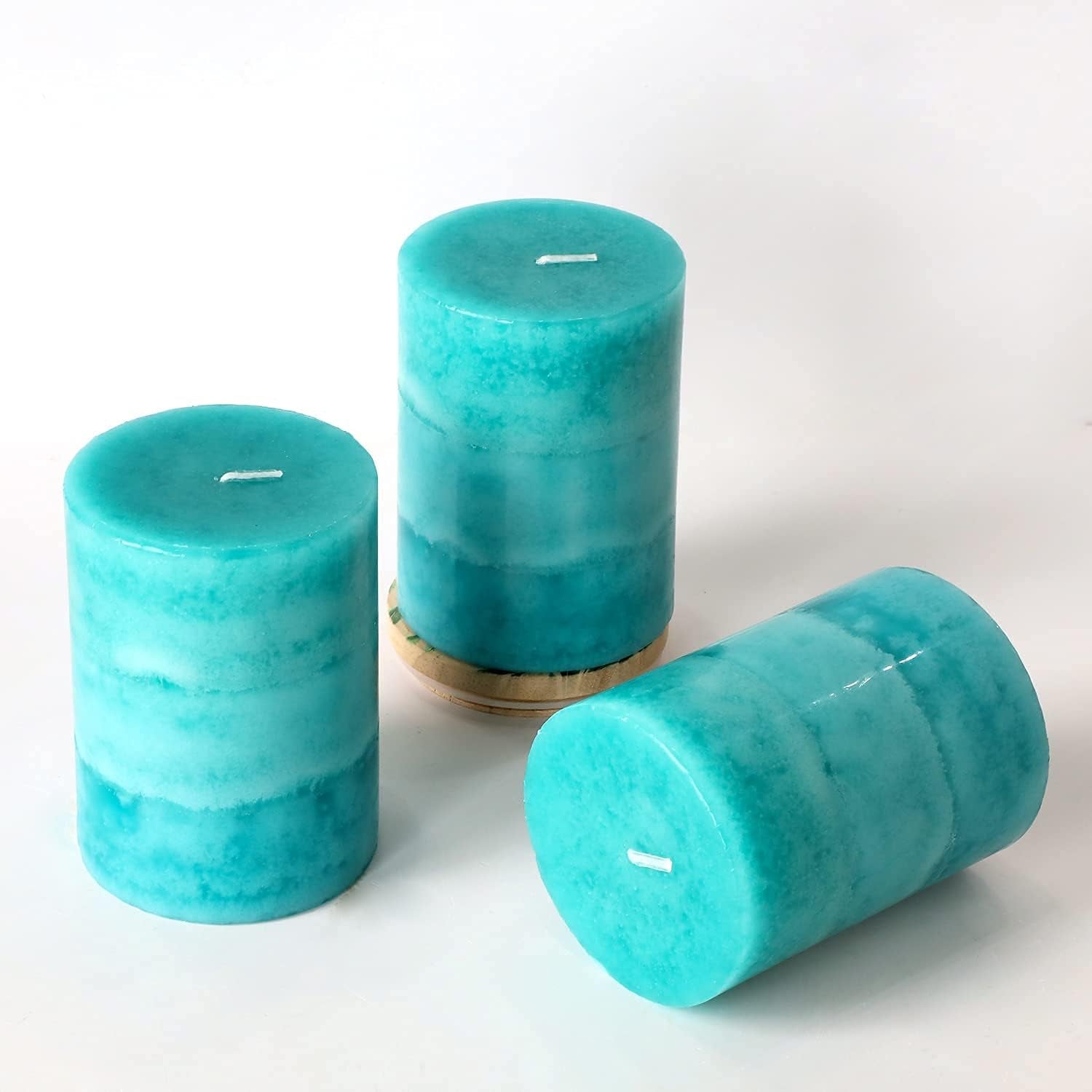 Aqua Green Layered Ocean Breeze Scented Pillar Candles -Set of  3 