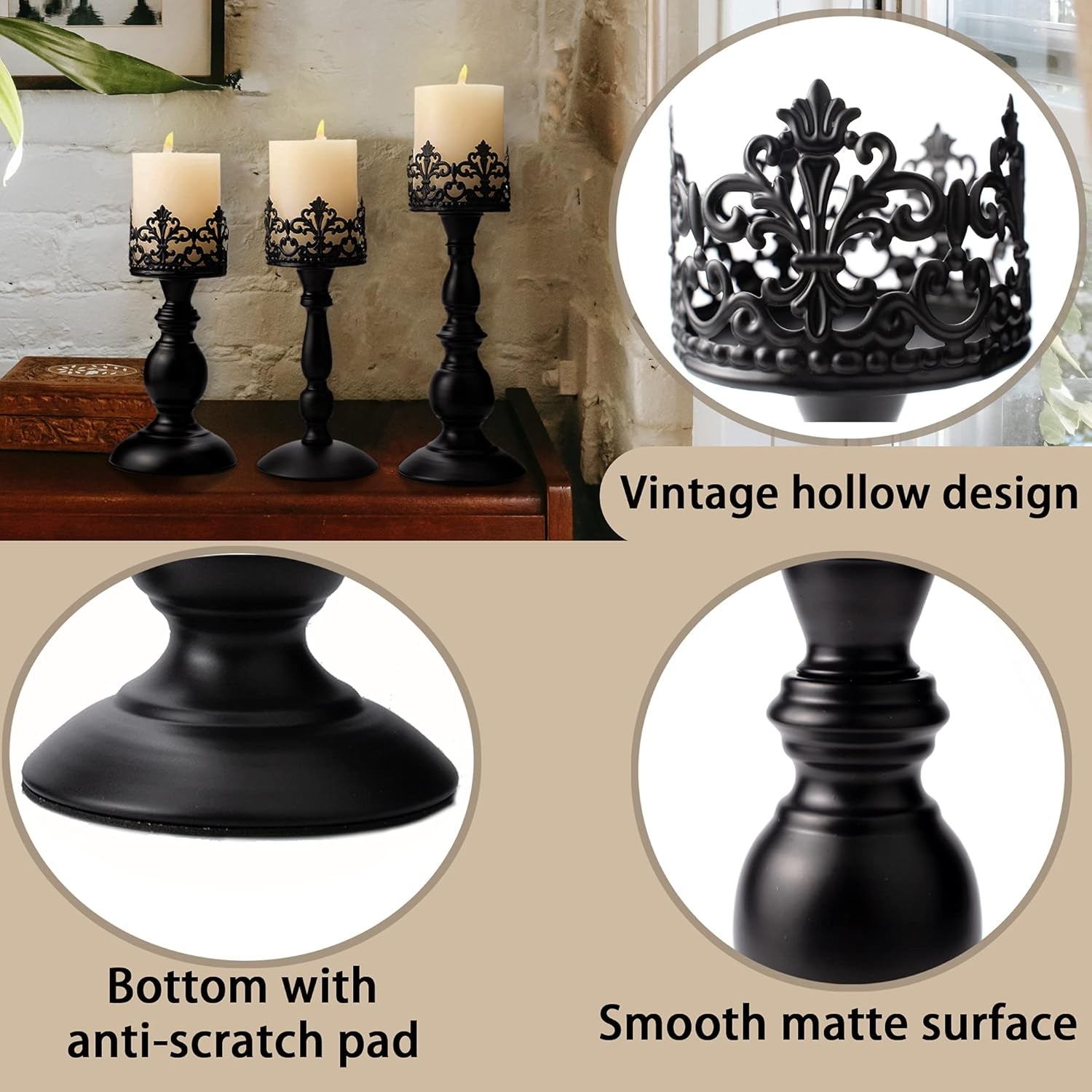 Vintage Matte Black Metal Pillar Candle Holders - Set of 2