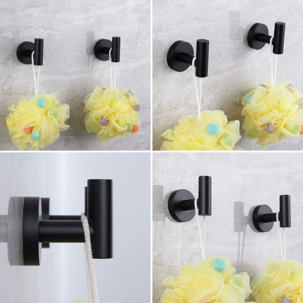 Matte Black Bathroom Accessories Kit 4-Pieces Bathroom Hardware Set SUS 304 Stainless Steel round Wall Mounted - Includes 12" Hand Towel Bar, Toilet Paper Holder, 2X Robe Towel Hooks