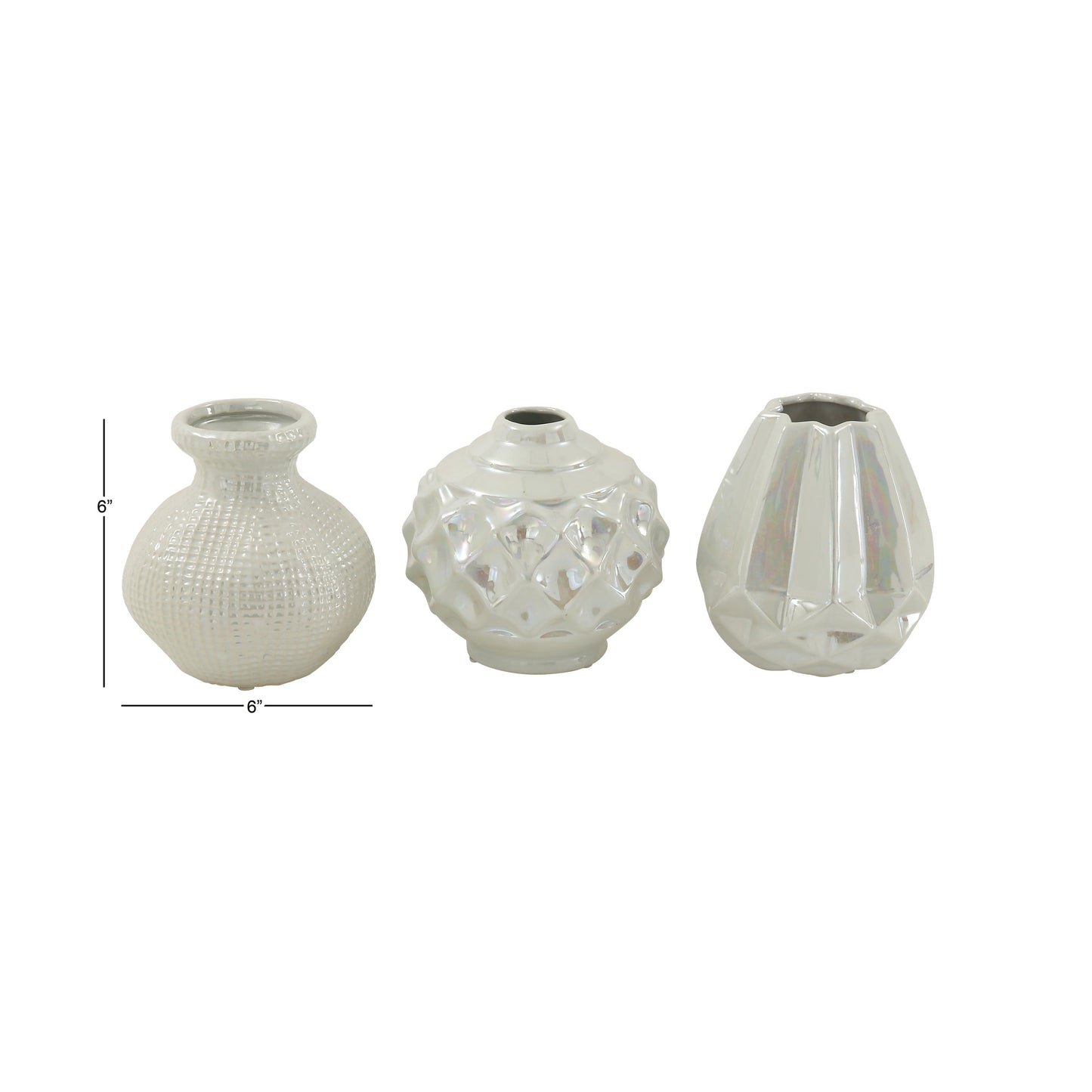 6"W, 6"H Cream Ceramic Vase with Varying Patterns, Set of 3