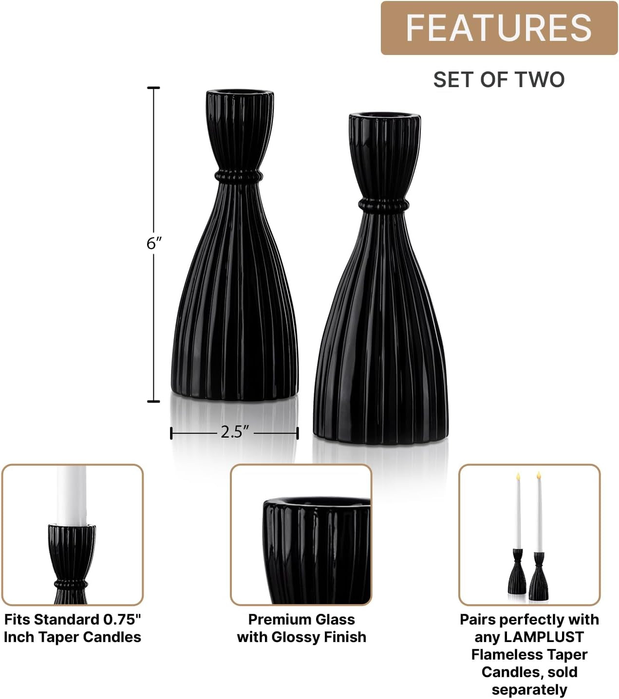 Modern Black Tapered Candlestick Holder - Set of 2