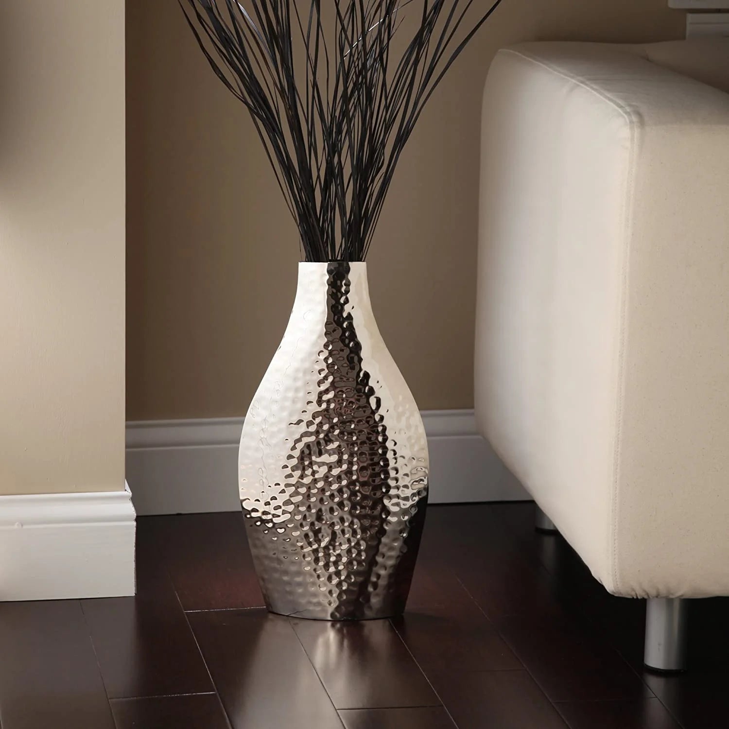 Contemporary Hammered Silver Metal Vase 17”