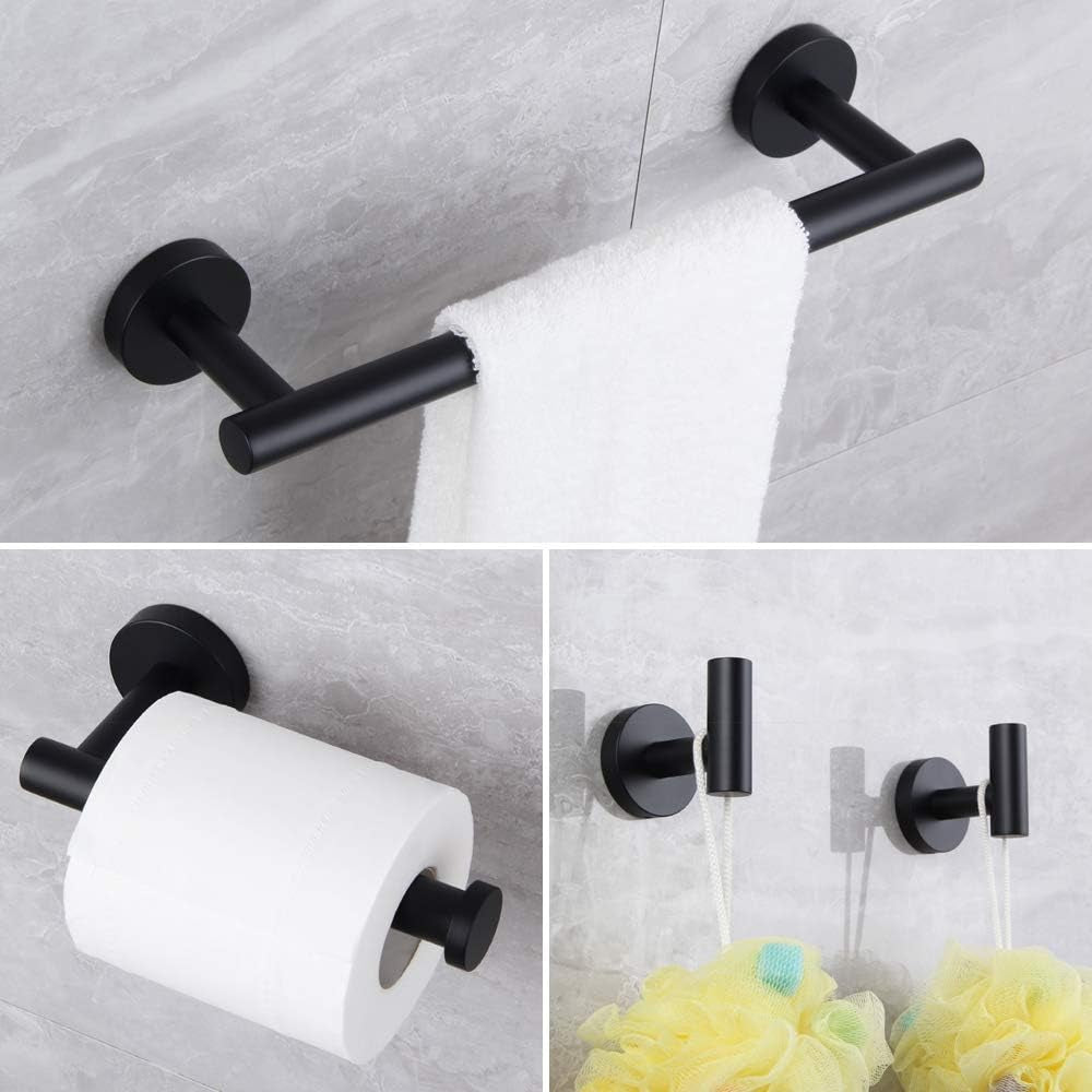 Matte Black Bathroom Accessories Kit 4-Pieces Bathroom Hardware Set SUS 304 Stainless Steel round Wall Mounted - Includes 12" Hand Towel Bar, Toilet Paper Holder, 2X Robe Towel Hooks