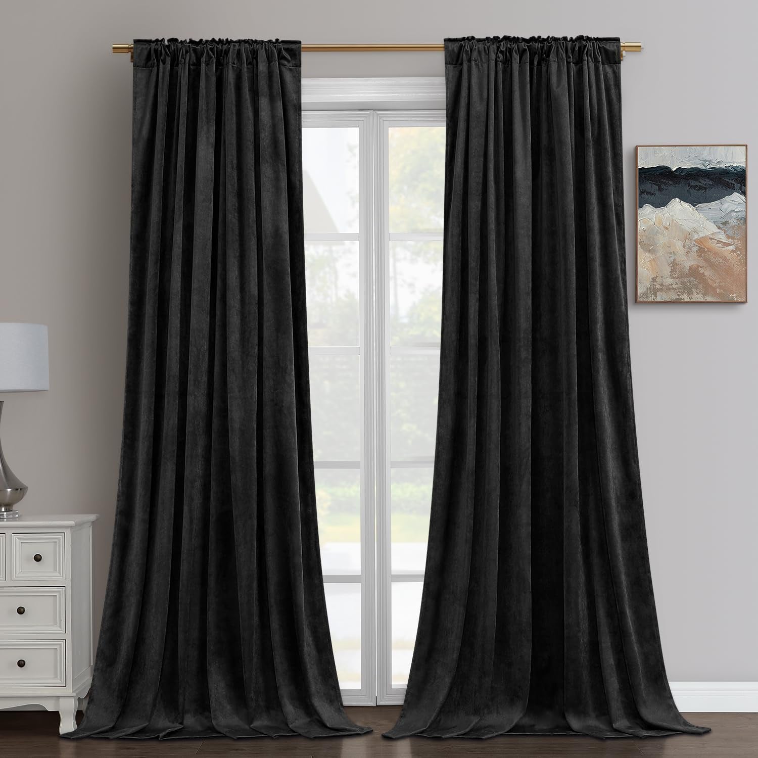 Black Velvet Blackout Curtains - 2 Panels 52 X 108 Inches