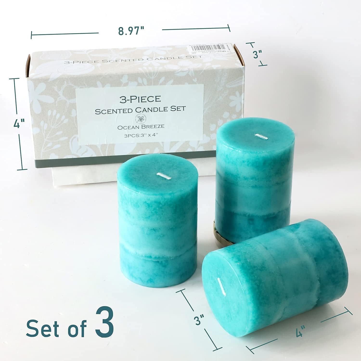 Aqua Green Layered Ocean Breeze Scented Pillar Candles -Set of  3 